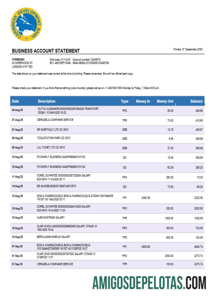 Imprimível Modelo Word e PDF de extrato de conta firme do Banco de Desenvolvimento do Caribe